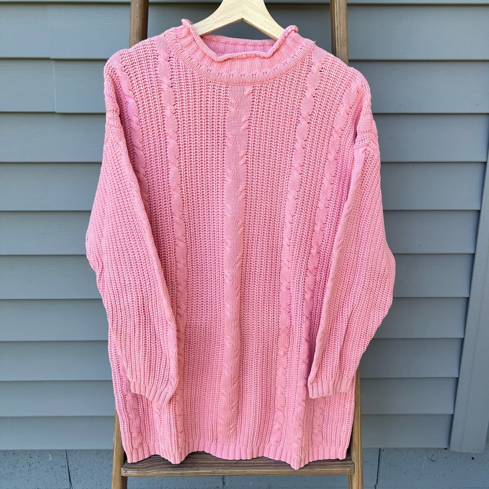 Woolrich vintage bubblegum pink cable chord knit cotton mock neck sweater
